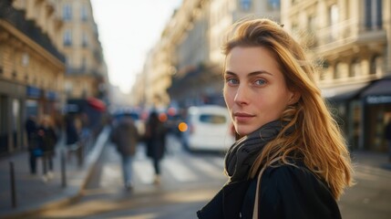 Portrait of beautiful french woman in front of Paris city street on the background