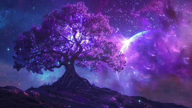 Beautiful tree with blue firefly and colorful ambiance. 4k Fantasy video. Loop animation for relaxing music video