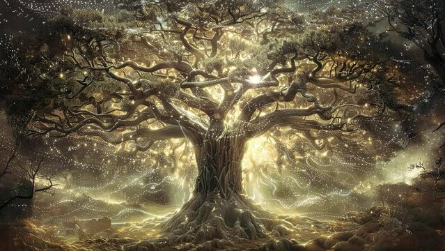 Beautiful tree with golden light and ambiance. Fantasy video. Loop animation for relaxing music video