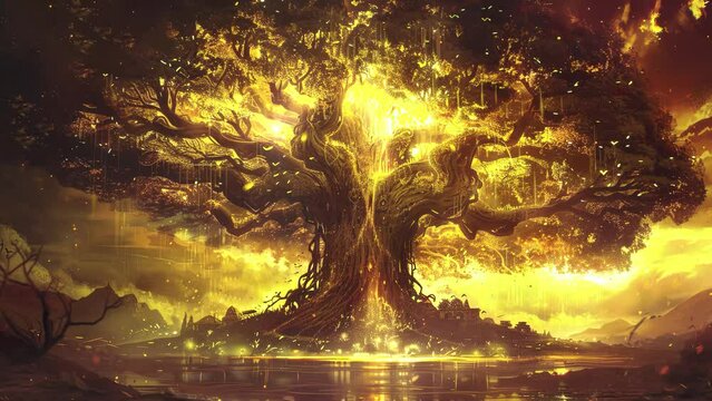 Beautiful tree with golden light and ambiance. Fantasy video. Loop animation for relaxing music video