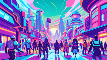 Futuristic Cityscape with Vibrant Neon Colors and Diverse Population
