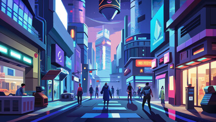 Vibrant Cyberpunk Cityscape at Twilight with Pedestrians
