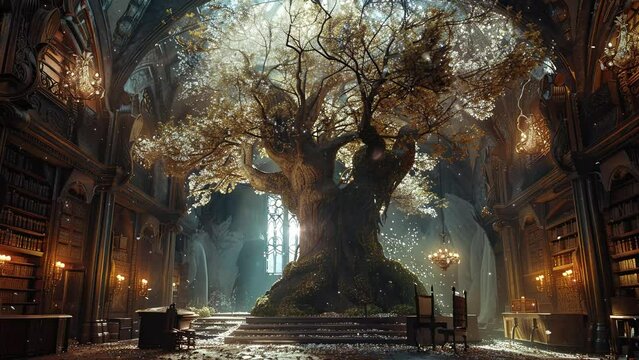 Beautiful tree with blooming flower and colorful ambiance. Fantasy and fairy tale setting video. Loop animation for relaxing music video