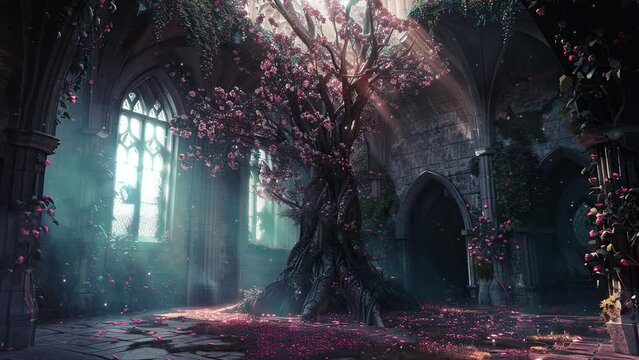 Beautiful tree with blooming flower and colorful ambiance. Fantasy and fairy tale setting video. Loop animation for relaxing music video