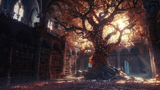 Beautiful tree with blooming flower and library ambiance. Fantasy and fairy tale setting video. Loop animation for relaxing music video