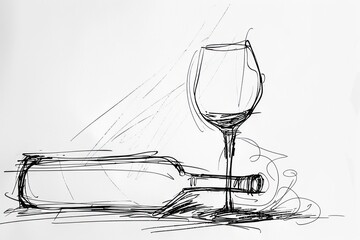 Simple line drawing of a glass of wine and a bottle of wine. Wine aesthetics. Isolated white background