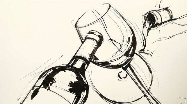 Simple line drawing of a glass of wine and a bottle of wine. Wine aesthetics. Isolated white background