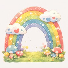 rainbow with clouds, illustration on a white background, in a cute style