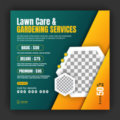 Modern lawn care garden or landscaping service for social media cover or post design template, organic food and agriculture web banner with abstract green gradient and yellow color shapes