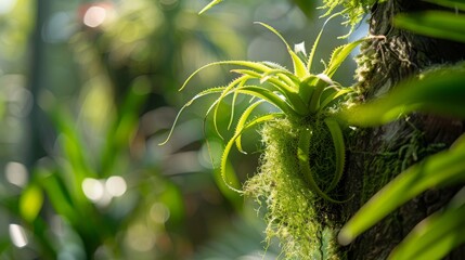 Tillandsia usneoides plant. Hanging epiphytic Spanish moss and other bromeliads on tree trunk in greenhouse close up.