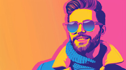A fashionable young smiling man on simple flat orange background with copy space. Flat illustration style, banner or post template.