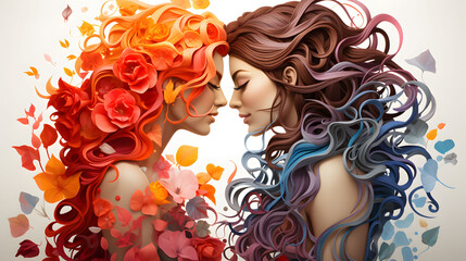 vibrant watercolor illustration of same sex couple illustration for pride month. girl love girl and transgender.