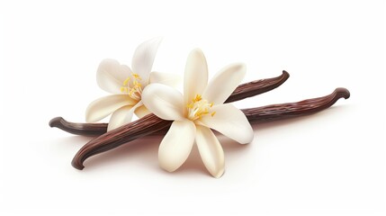 Highly detailed illustration of two white magnolia flowers and three vanilla pods on a light...