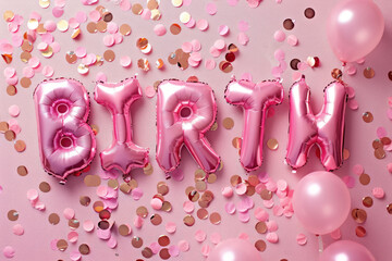 pink birthday balloons spelling 'birth' on pastel background, for girl new born 