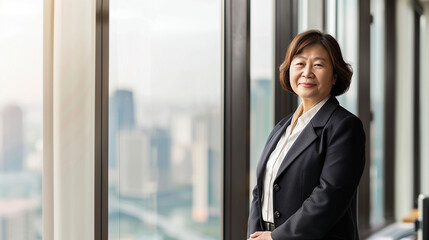 Fototapeta premium copy space, stockphoto, portrait of a senior asian business woman in a modern office on a high floor in a skyscraper, overlooking the city. Female Asian succesful businesswoman in a skyscraper.