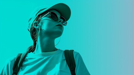 Stylish young woman with a cap and sunglasses in a monochrome turquoise setting.
