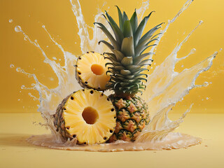 Pineapple submerged in water juice splash, showcasing ripe tropical fruit freshness