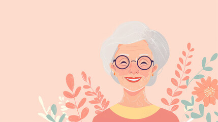 Cute old grandma woman on simple flat pink background with copy space. Flat illustration style, banner or post template.