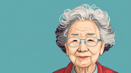 Cute old grandma woman on simple flat blue background with copy space. Flat illustration style, banner or post template.