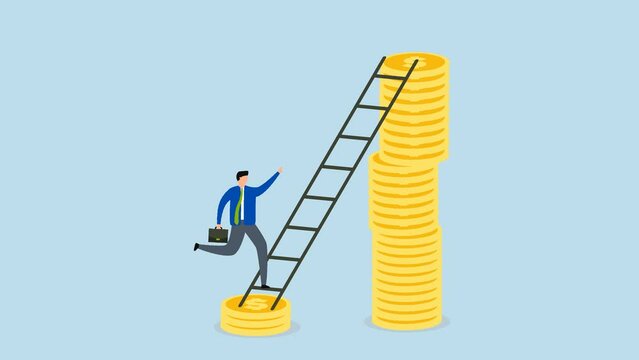Wage or salary increase, 4k animation of investor climbing from low dollar to higher dollar