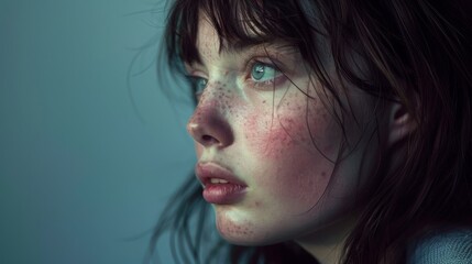 close-up profile of a young dark-haired Caucasian woman suffering from the skin disease rosacea on her face in the acute stage. Pink acne. Dermatological problems. Teenage acne