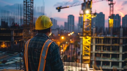 Construction worker overlooking a large building site at dusk, with cranes and city skyline in background.