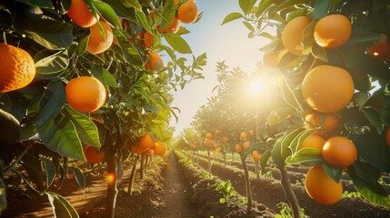 A vibrant orange orchard basking in the sunlight, with ripe oranges hanging from lush green trees, ready for harvest on an expansive farm landscape.