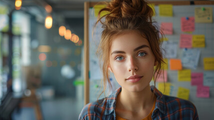 Creative Young Woman with Planning Board. Portrait of a thoughtful young woman with sticky notes in the background.