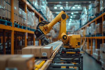 Naklejka premium A yellow robot is working in a warehouse, surrounded by boxes and shelves