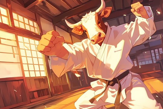 a karate cow, anime style illustration