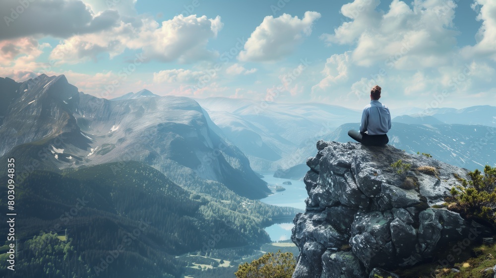 Poster a serene image of a man meditating on a mountain peak overlooking a vast valley with lakes.