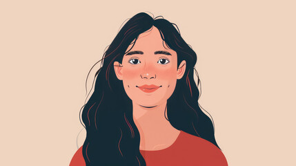 Naklejka premium Young beautiful smiling woman portrait on simple flat pink background with copy space. Flat illustration style, banner or post template.