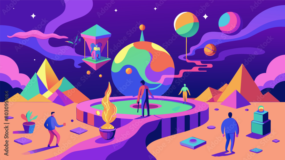 Poster the merging of the physical world and the psychedelic realm with objects and people taking on surrea