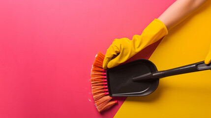 Female hands in rubber gloves with dustpan and brush 