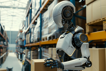 Fototapeta premium A robot is standing in a warehouse, holding a box