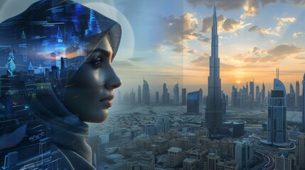 collage image of woman policeman muslim in hijab looking on megapolis - Powered by Adobe