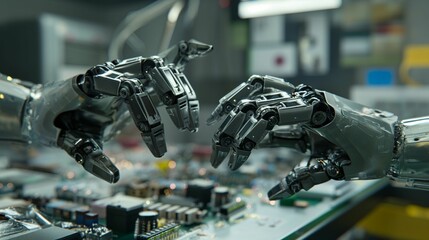 Fototapeta premium Advanced robotic arms with intricate mechanics and wires in close-up view.