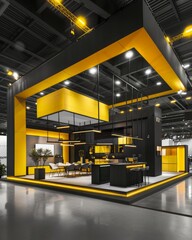 Exhibition stand with complex construction, in black and yellow colors, lot of furniture, good lighting, modern style high contrast cinematic lighting
