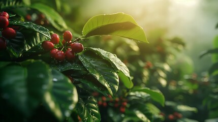 Fototapeta premium Red coffee cherries on lush green plants with sparkling light effects.