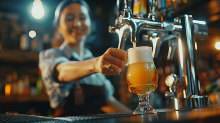 A smiling female bartender pouring a beer from a tap into a glass at a vibrant bar.