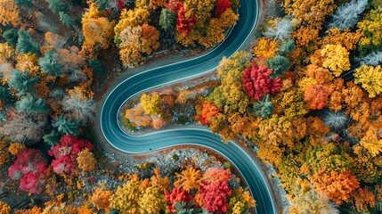 Bends and turns: A rural road winding through colorful autumn foliage, inviting travelers to embrace the unexpected delights of the journey.