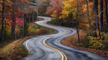 Bends and turns: A rural road winding through colorful autumn foliage, inviting travelers to embrace the unexpected delights of the journey.