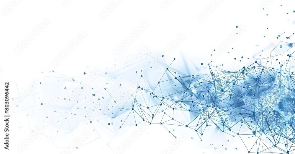 Poster abstract blue connection dots and lines on a white background, depicting a technological network con
