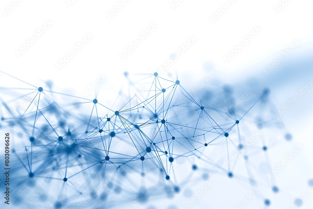 Poster abstract blue connection dots and lines on a white background, depicting a technological network con