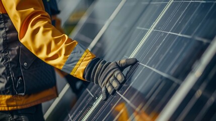Worker in yellow jacket installs solar panel on a sunny day, focusing on renewable energy and sustainable technology concept
