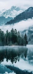 Misty Forest Reflection in Serene Mountain Lake