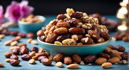 A Healthy Food Cart with Hazelnuts, Almonds, and Dates, Nutty Goodness A Closeup of Brown, Dry Nuts in an Isolated Bowl, Healthy Snacks An Organic Mix of Dried Nuts and Seeds 