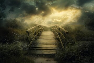 A bridge leading from a stormy landscape to a sunny meadow, embodying the journey to recovery from...