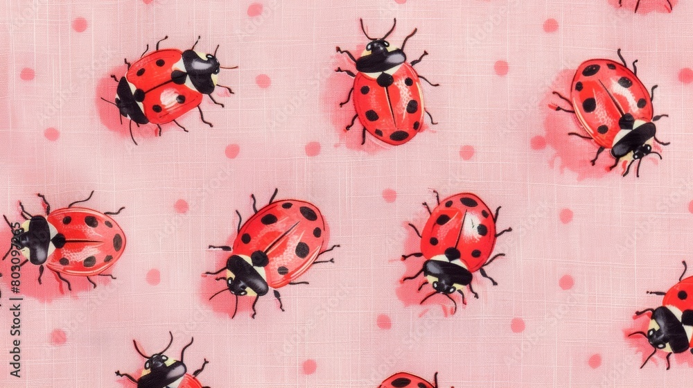 Poster a soft and whimsical fabric with a pattern of ladybugs on a pastel pink background..