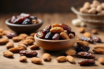 A Healthy Food Cart with Hazelnuts, Almonds, and Dates, Nutty Goodness A Closeup of Brown, Dry Nuts in an Isolated Bowl, Healthy Snacks An Organic Mix of Dried Nuts and Seeds 